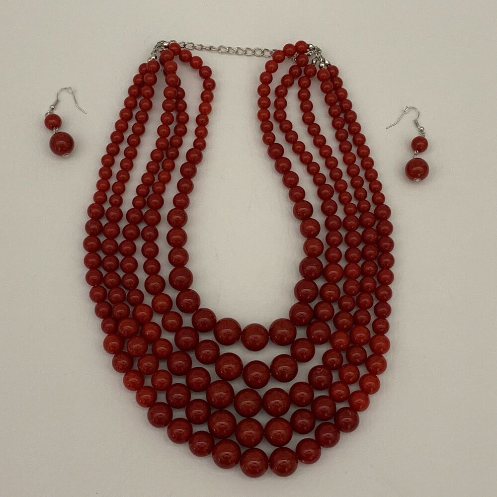 Women's Necklace Dangling Earrings Set Extended 5 Strands Red Silver-tone NWOT
